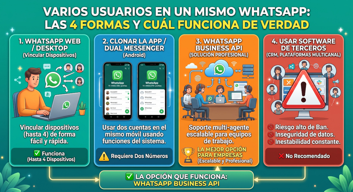 Varios usuarios en un mismo WhatsApp: las 4 formas y cuál funciona de verdad